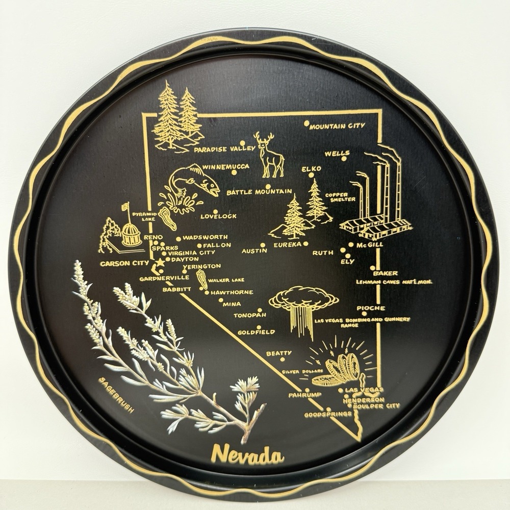 Vintage Nevada State Tray MCM Kitschy Barware Graphic Souvenir Decor Platter